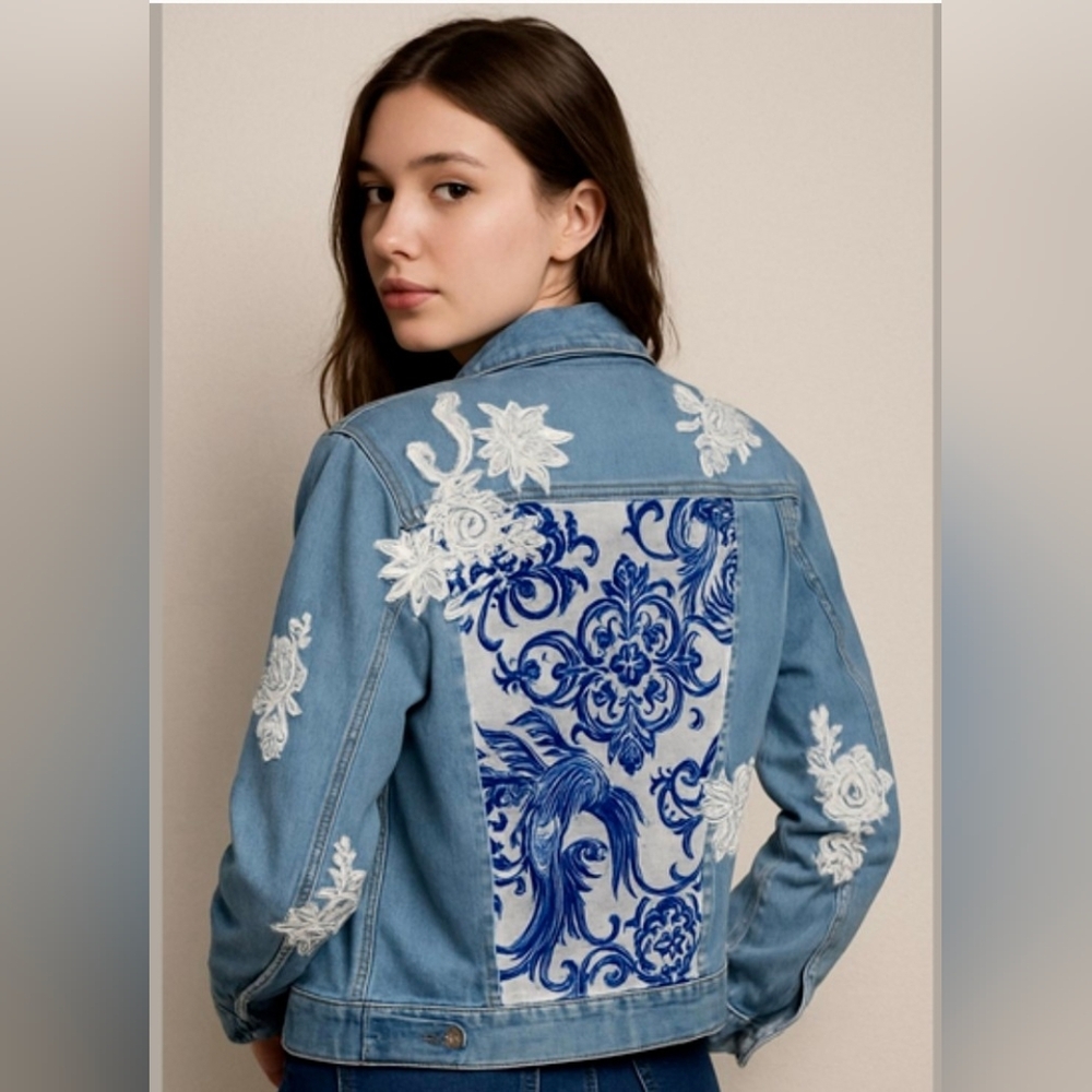 Embroidered Blue Denim Jacket with White Appliqué Sz. 0 (S/4)